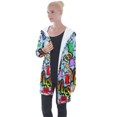 Graffiti Characters Seamless Pattern Longline Hooded Cardigan