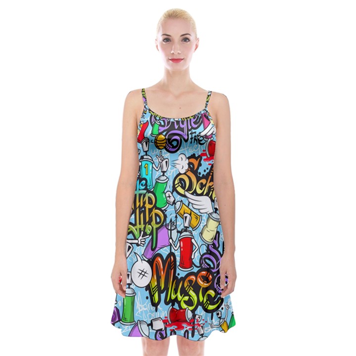 Graffiti Characters Seamless Pattern Spaghetti Strap Velvet Dress