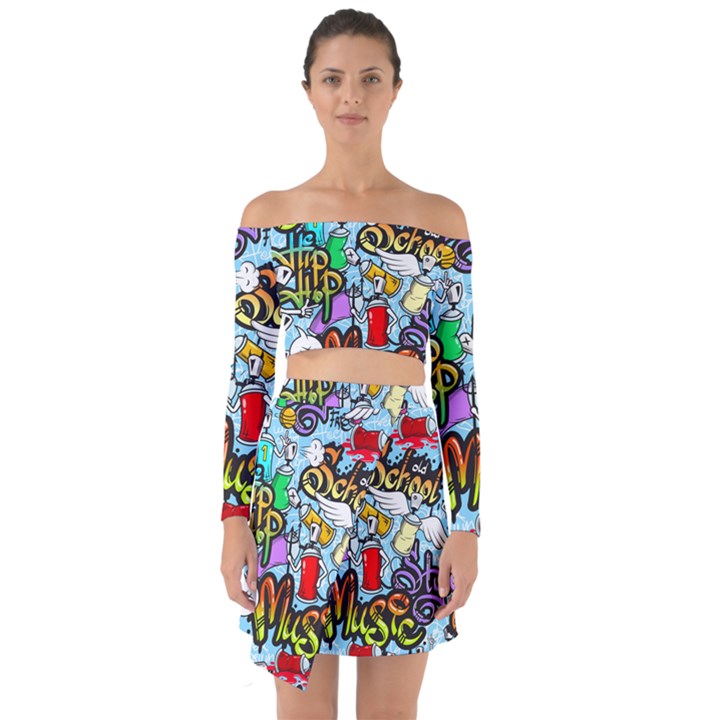 Graffiti Characters Seamless Pattern Off Shoulder Top with Skirt Set