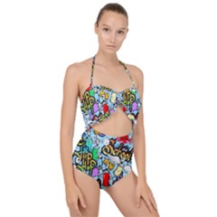 Graffiti Characters Seamless Pattern Scallop Top Cut Out Swimsuit