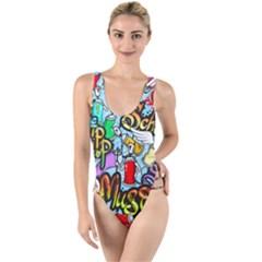 Graffiti Characters Seamless Pattern High Leg Strappy Swimsuit