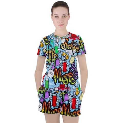 Graffiti Characters Seamless Pattern Women s Tee And Shorts Set by Amaryn4rt