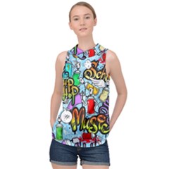 Graffiti Characters Seamless Pattern High Neck Satin Top