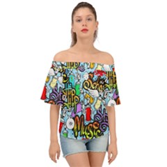 Graffiti Characters Seamless Pattern Off Shoulder Short Sleeve Top