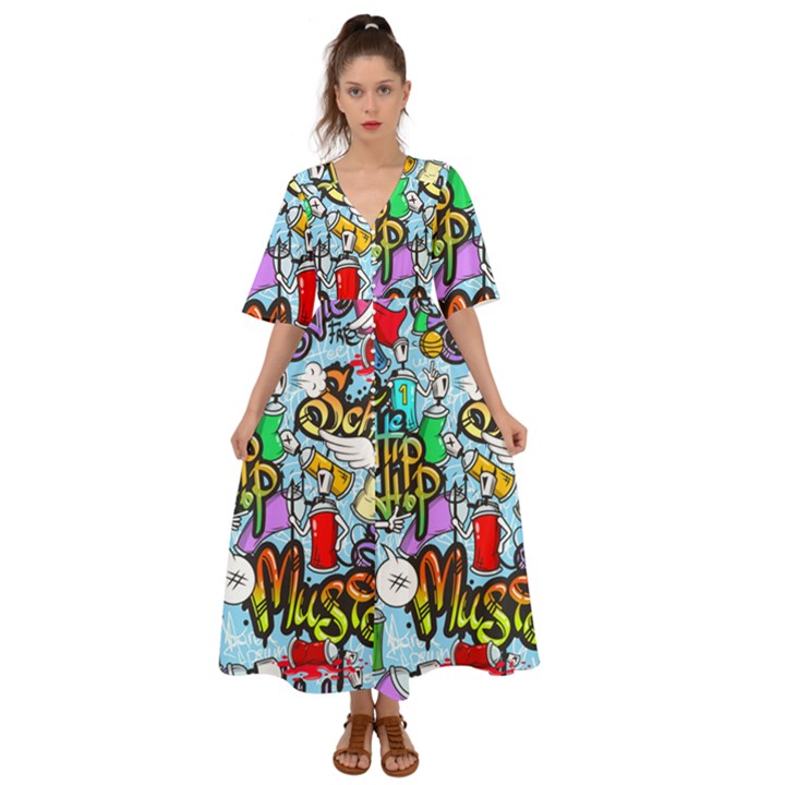 Graffiti Characters Seamless Pattern Kimono Sleeve Boho Dress