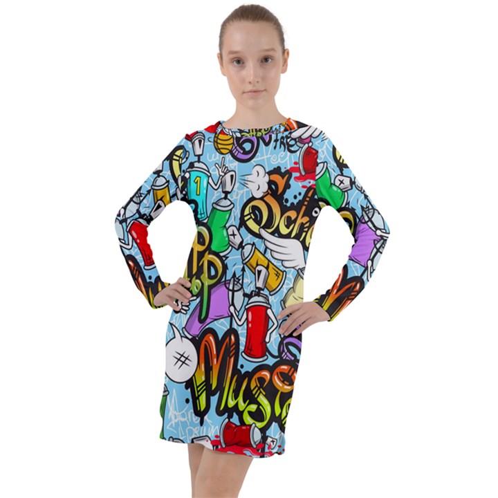 Graffiti Characters Seamless Pattern Long Sleeve Hoodie Dress