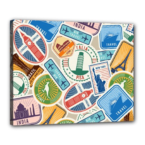 Travel Pattern Immigration Stamps Stickers With Historical Cultural Objects Travelling Visa Immigrant Canvas 20  X 16  (stretched) by Amaryn4rt