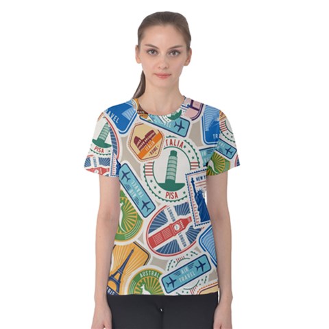 Travel Pattern Immigration Stamps Stickers With Historical Cultural Objects Travelling Visa Immigrant Women s Cotton Tee by Amaryn4rt