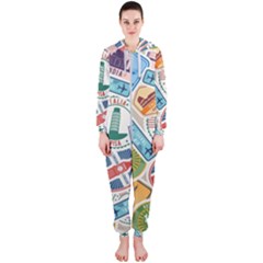 Travel Pattern Immigration Stamps Stickers With Historical Cultural Objects Travelling Visa Immigrant Hooded Jumpsuit (ladies)  by Amaryn4rt