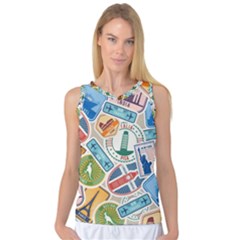 Travel Pattern Immigration Stamps Stickers With Historical Cultural Objects Travelling Visa Immigrant Women s Basketball Tank Top by Amaryn4rt