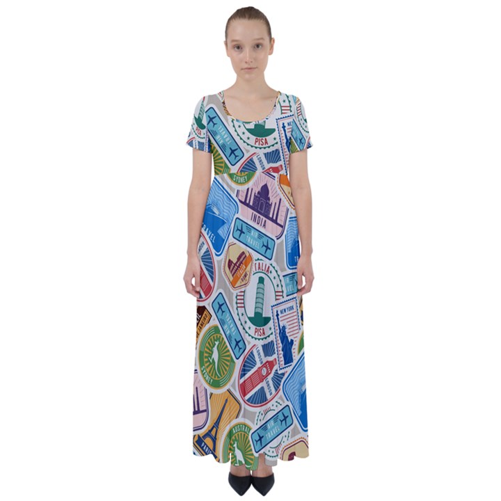 Travel Pattern Immigration Stamps Stickers With Historical Cultural Objects Travelling Visa Immigrant High Waist Short Sleeve Maxi Dress