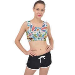 Travel Pattern Immigration Stamps Stickers With Historical Cultural Objects Travelling Visa Immigrant V-back Sports Bra by Amaryn4rt