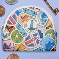 Travel Pattern Immigration Stamps Stickers With Historical Cultural Objects Travelling Visa Immigrant Horseshoe Style Canvas Pouch by Amaryn4rt