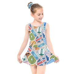 Travel Pattern Immigration Stamps Stickers With Historical Cultural Objects Travelling Visa Immigrant Kids  Skater Dress Swimsuit by Amaryn4rt