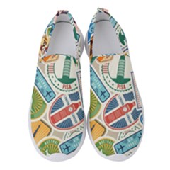 Travel Pattern Immigration Stamps Stickers With Historical Cultural Objects Travelling Visa Immigrant Women s Slip On Sneakers by Amaryn4rt