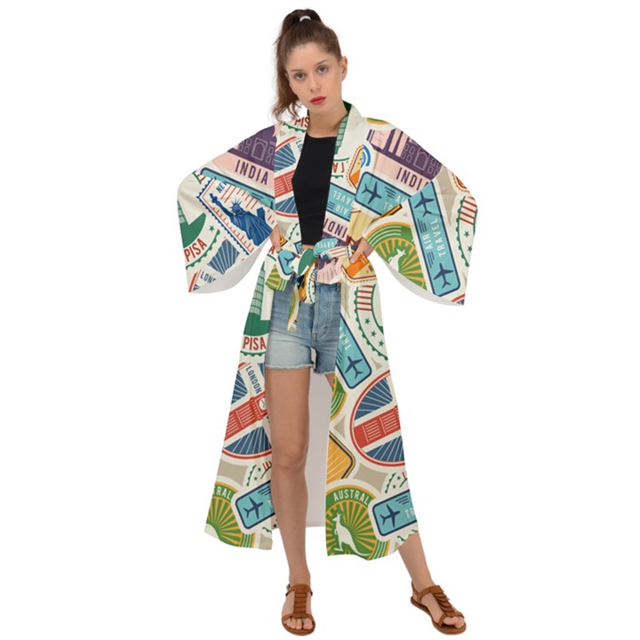 Travel Pattern Immigration Stamps Stickers With Historical Cultural Objects Travelling Visa Immigrant Maxi Kimono