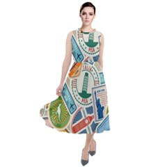 Travel Pattern Immigration Stamps Stickers With Historical Cultural Objects Travelling Visa Immigrant Round Neck Boho Dress by Amaryn4rt