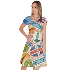 Travel Pattern Immigration Stamps Stickers With Historical Cultural Objects Travelling Visa Immigrant Classic Short Sleeve Dress by Amaryn4rt