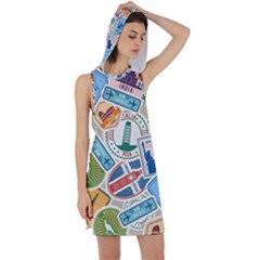 Travel Pattern Immigration Stamps Stickers With Historical Cultural Objects Travelling Visa Immigrant Racer Back Hoodie Dress by Amaryn4rt