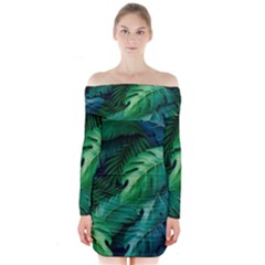 Tropical Green Leaves Background Long Sleeve Off Shoulder Dress by Amaryn4rt