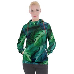 Tropical Green Leaves Background Women s Hooded Pullover