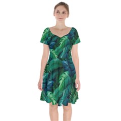 Tropical Green Leaves Background Short Sleeve Bardot Dress by Amaryn4rt