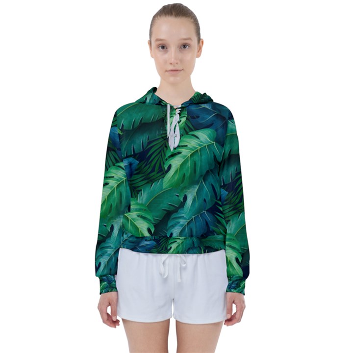 Tropical Green Leaves Background Women s Tie Up Sweat