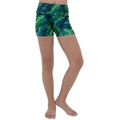 Tropical Green Leaves Background Kids  Lightweight Velour Yoga Shorts by Amaryn4rt