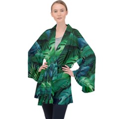 Tropical Green Leaves Background Long Sleeve Velvet Kimono  by Amaryn4rt