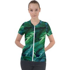 Tropical Green Leaves Background Short Sleeve Zip Up Jacket by Amaryn4rt