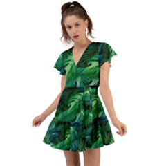 Tropical Green Leaves Background Flutter Sleeve Wrap Dress by Amaryn4rt