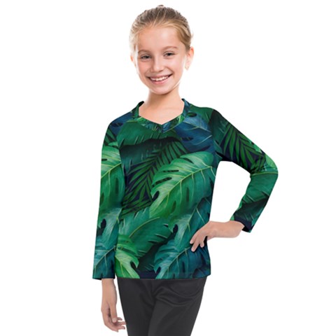 Tropical Green Leaves Background Kids  Long Mesh Tee by Amaryn4rt