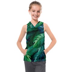 Tropical Green Leaves Background Kids  Sleeveless Hoodie by Amaryn4rt