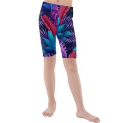 Background With Violet Blue Tropical Leaves Kids  Mid Length Swim Shorts by Amaryn4rt