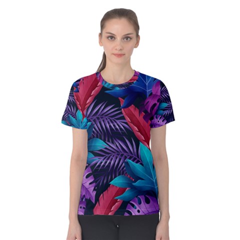 Background With Violet Blue Tropical Leaves Women s Cotton Tee by Amaryn4rt