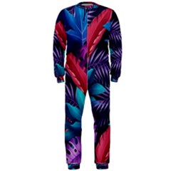 Background With Violet Blue Tropical Leaves Onepiece Jumpsuit (men) 