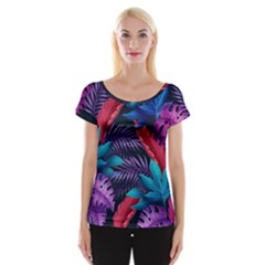 Background With Violet Blue Tropical Leaves Cap Sleeve Top