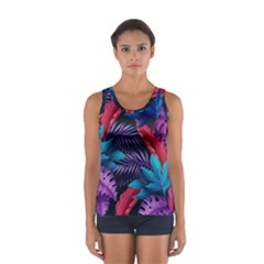 Background With Violet Blue Tropical Leaves Sport Tank Top  by Amaryn4rt