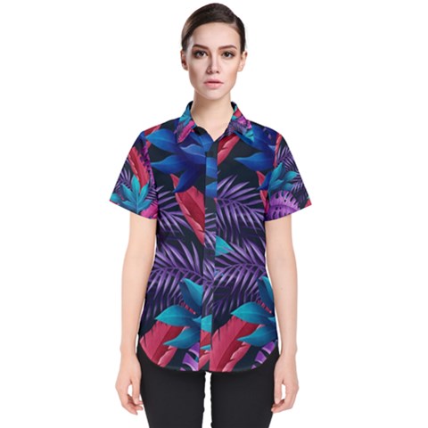 Background With Violet Blue Tropical Leaves Women s Short Sleeve Shirt by Amaryn4rt