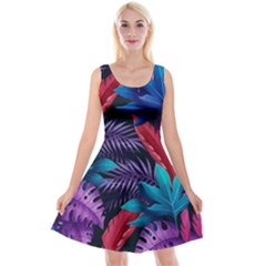 Background With Violet Blue Tropical Leaves Reversible Velvet Sleeveless Dress by Amaryn4rt