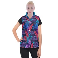 Background With Violet Blue Tropical Leaves Women s Button Up Vest by Amaryn4rt