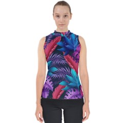 Background With Violet Blue Tropical Leaves Mock Neck Shell Top by Amaryn4rt