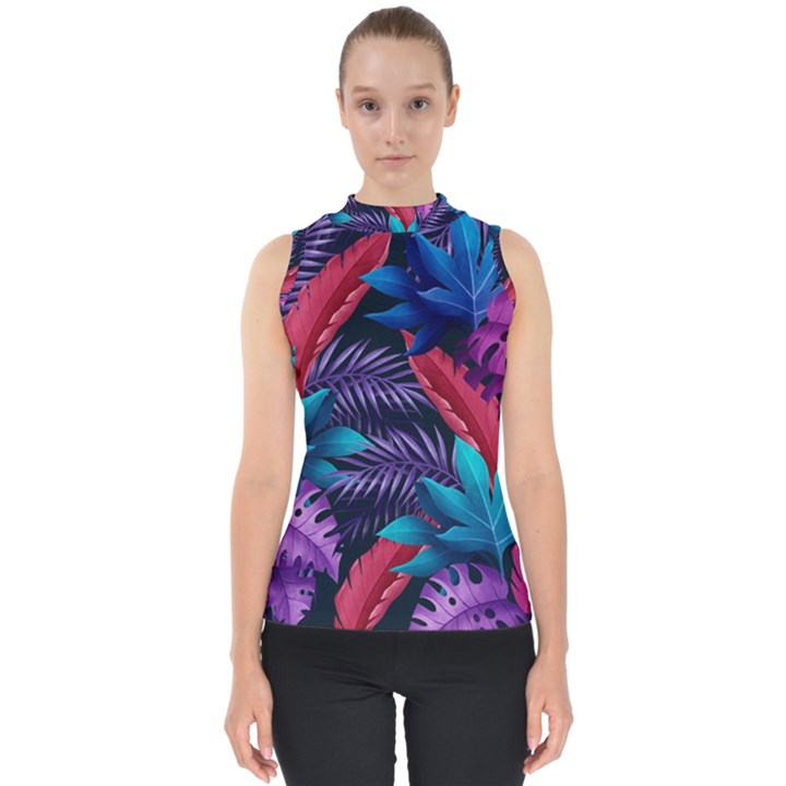 Background With Violet Blue Tropical Leaves Mock Neck Shell Top