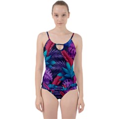 Background With Violet Blue Tropical Leaves Cut Out Top Tankini Set by Amaryn4rt