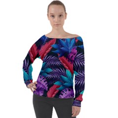 Background With Violet Blue Tropical Leaves Off Shoulder Long Sleeve Velour Top by Amaryn4rt