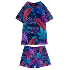 Background With Violet Blue Tropical Leaves Kids  Swim Tee And Shorts Set by Amaryn4rt