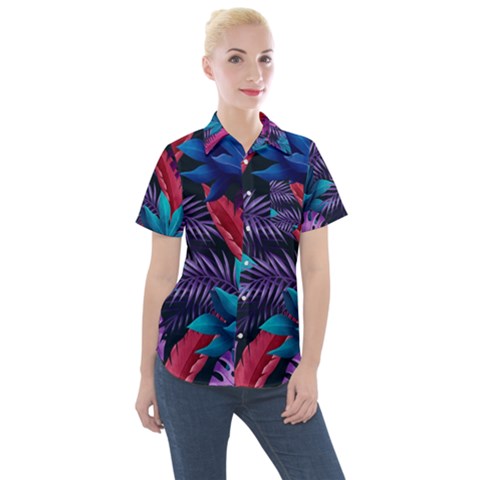 Background With Violet Blue Tropical Leaves Women s Short Sleeve Pocket Shirt by Amaryn4rt