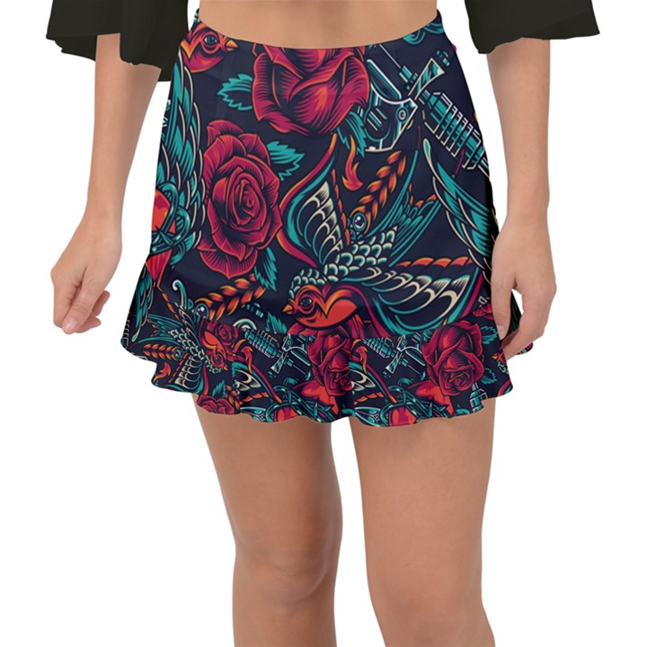 Vintage Flash Tattoos Designs Seamless Pattern Fishtail Mini Chiffon Skirt