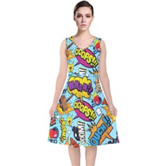 Comic Elements Colorful Seamless Pattern V-neck Midi Sleeveless Dress  by Amaryn4rt