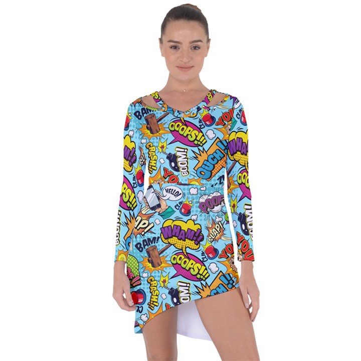 Comic Elements Colorful Seamless Pattern Asymmetric Cut-Out Shift Dress